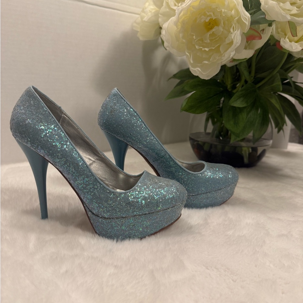 Qupid Glittering Blue Platform Heels